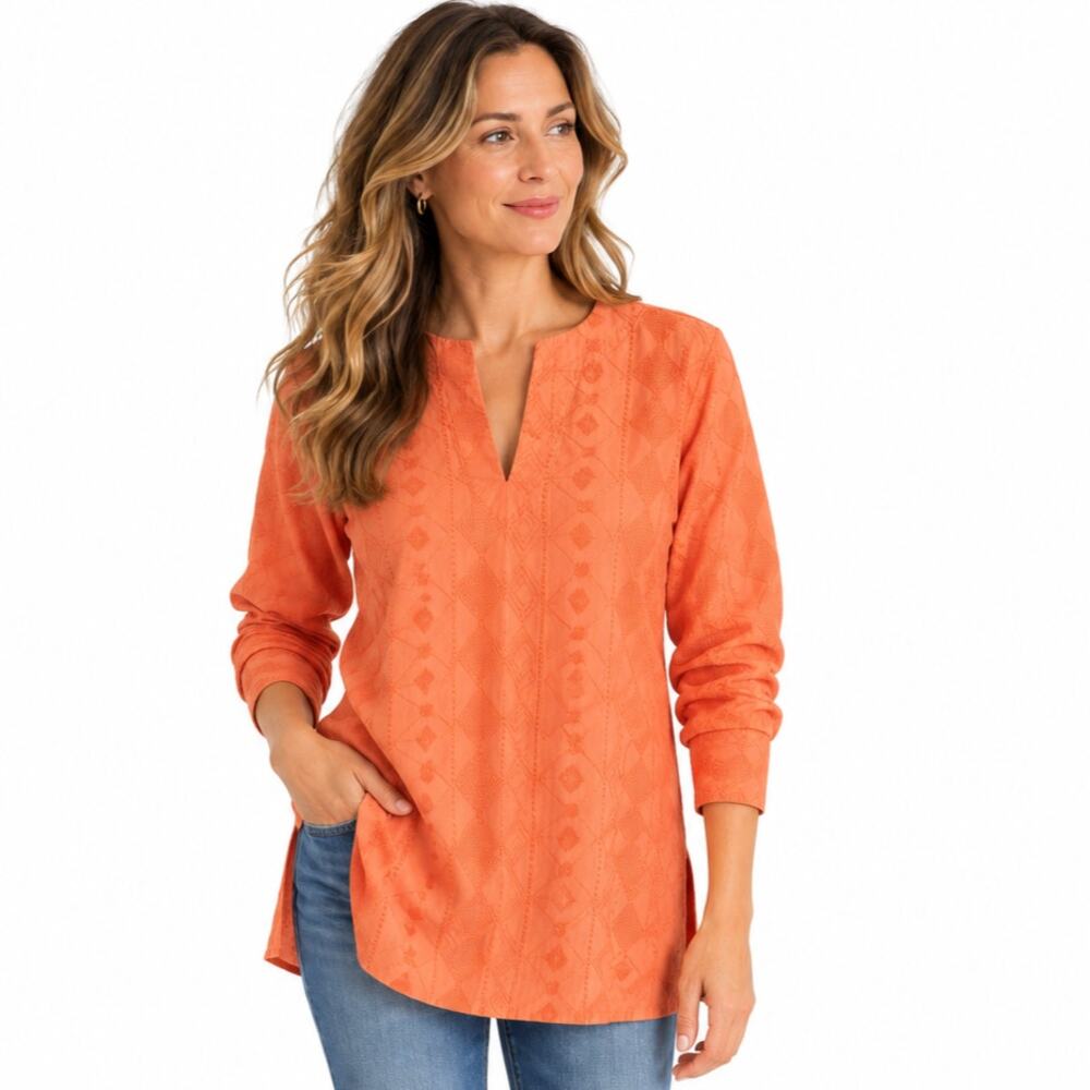 Lands EndLands’ End Women’s Small Coral Orange Embroidered Textured Tunic Top